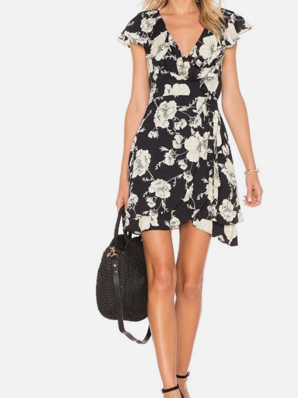 FREE PEOPLE NEW French Quarter Black and White Ruffle Wrap Mini Dress size large
